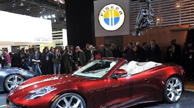 Fisker Automotive shows off the Karma S plug-in hybrid during the second press preview for the Detroit International Auto Show at the Cobo Center January 12, 2009 in Detroit, Michigan